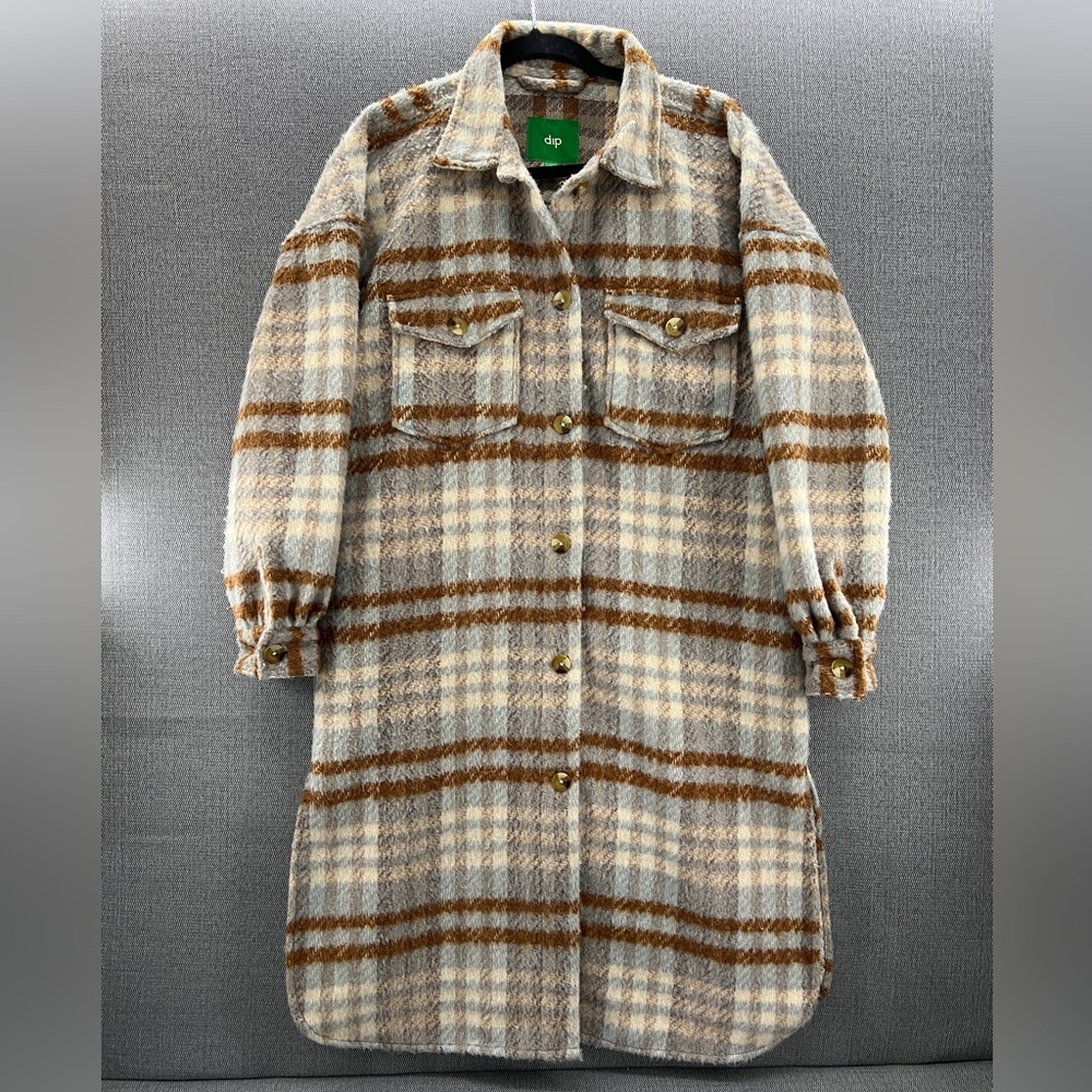 Dip Womens Thick Heavyweight Oversized Fuzzy Flannel Plaid Button Up Coat Size M
